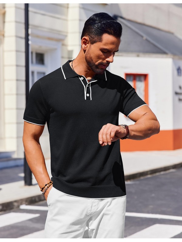 Men's Black Short Sleeve Knit Polo Shirt