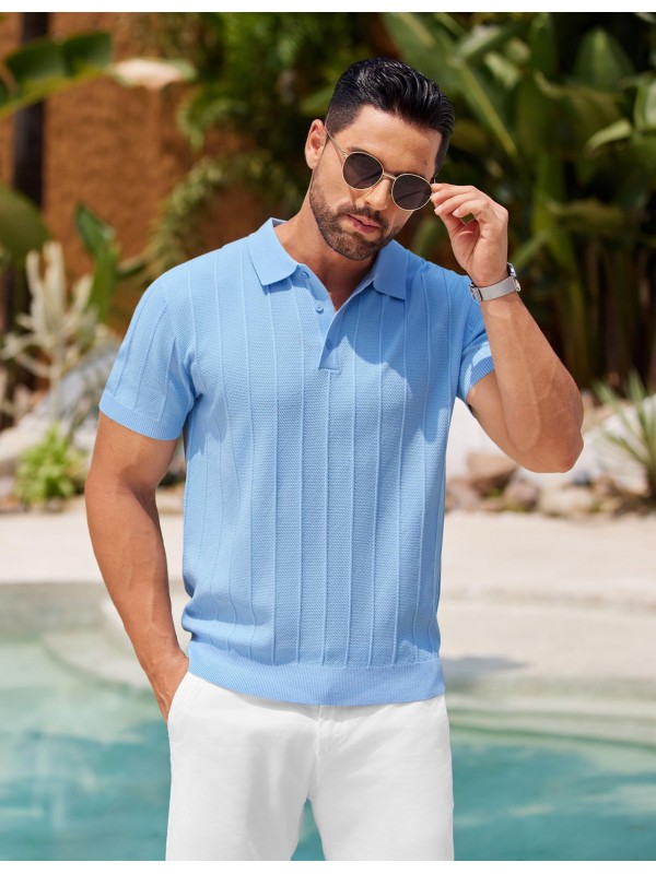 Men's Blue Short Sleeve Ribbed Textured Polo Shirt