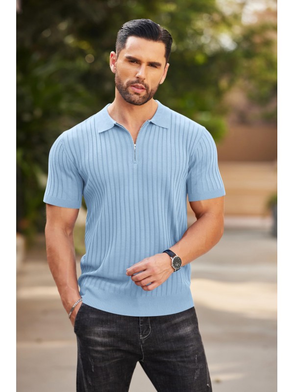 Men's Blue Zip-Up Short Sleeve Polo Shirt