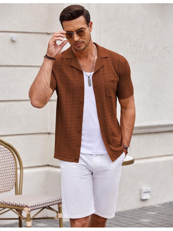 Men's Brown Knit Button Polo Shirt