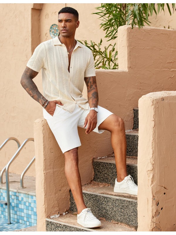 Men's Button Casual Textured Short Sleeve Polo Shirt