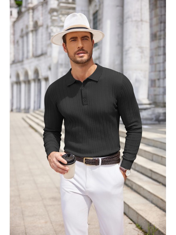 Men's Casual Button Ribbed Long Sleeve Polo Shirt