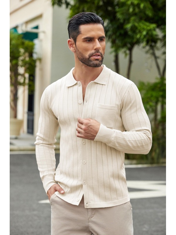Men's  Ribbed Pocket Long Sleeve Polo Shirt
