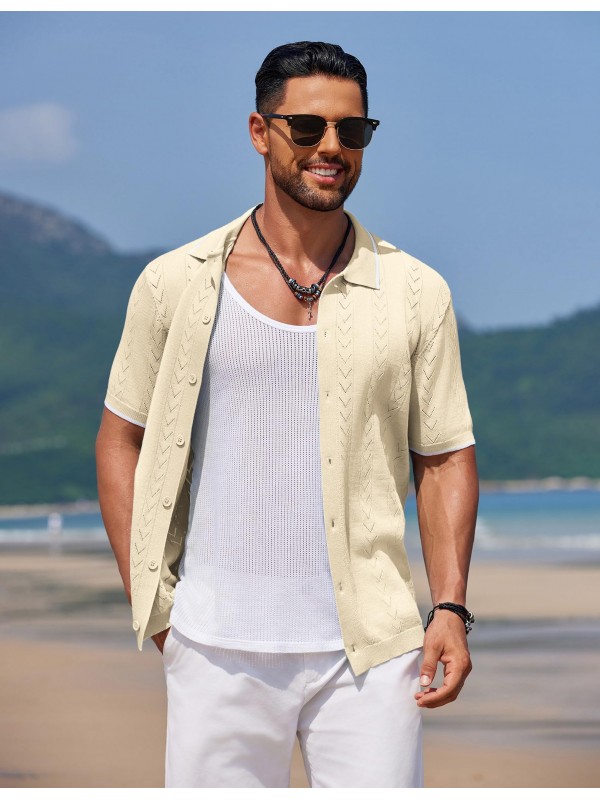 Men's apricot knitted polo shirt with V-neck pattern