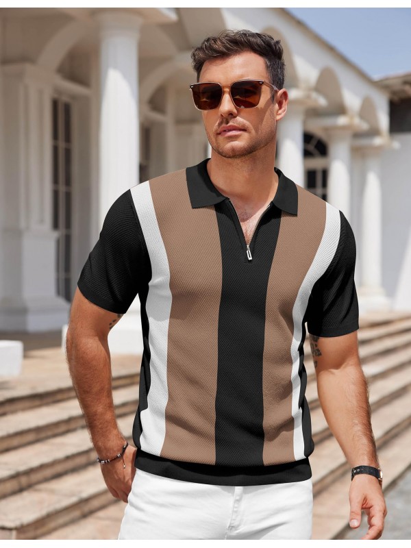 Men's black, white and brown knitted polo shirt